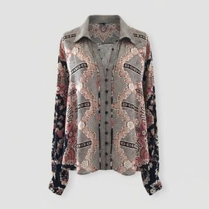 Free People Black Pink Oversized Floral Striped Long Sleeve Blouse Top - M